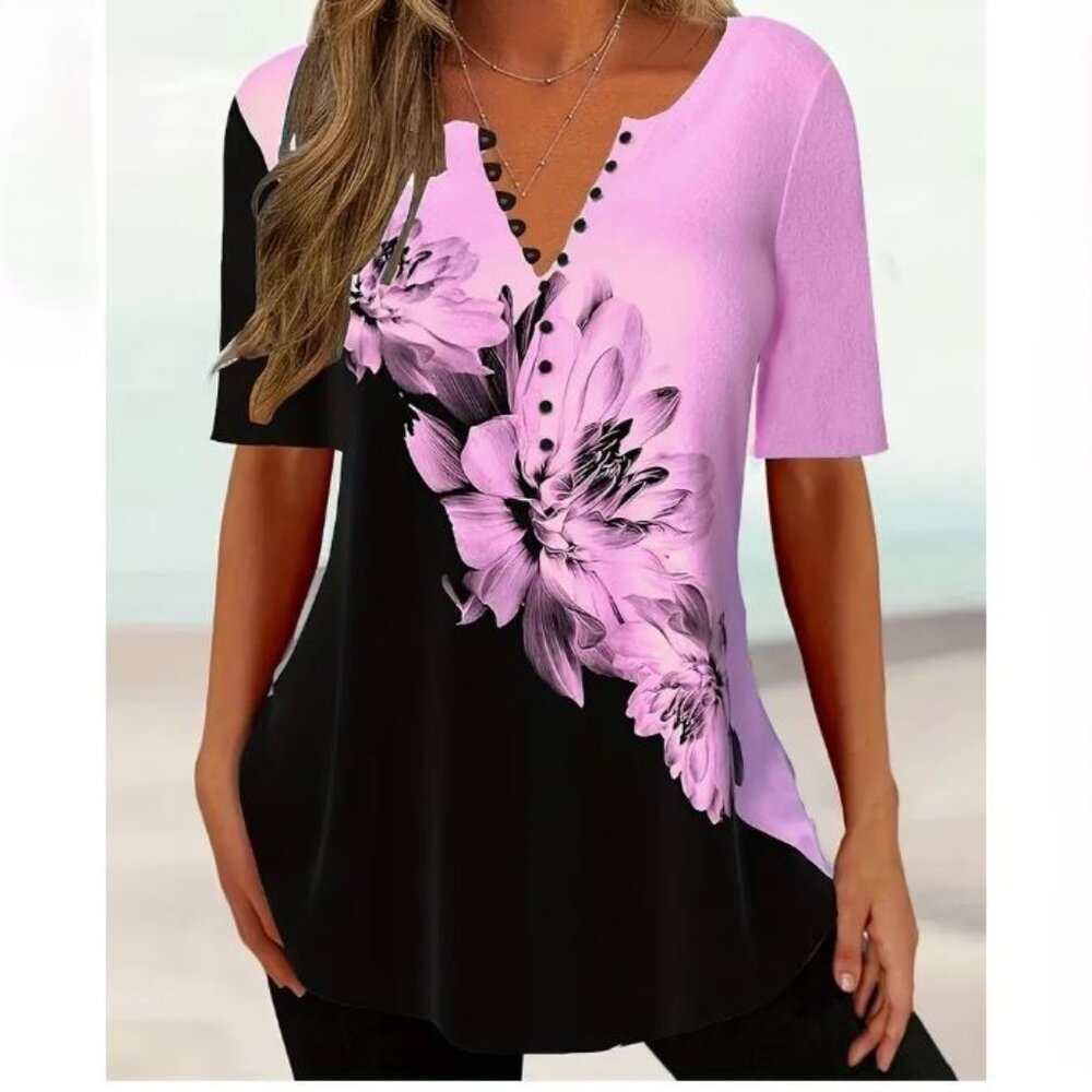 Floral Print Color Block Top, Vintage Notched‎ Neck Short Sleeve Top